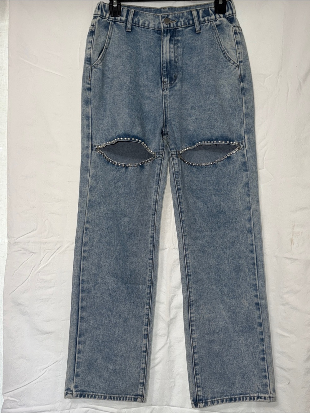 Light Wash Jeans with Pearl and Rhinestone Knee Cutouts size Small